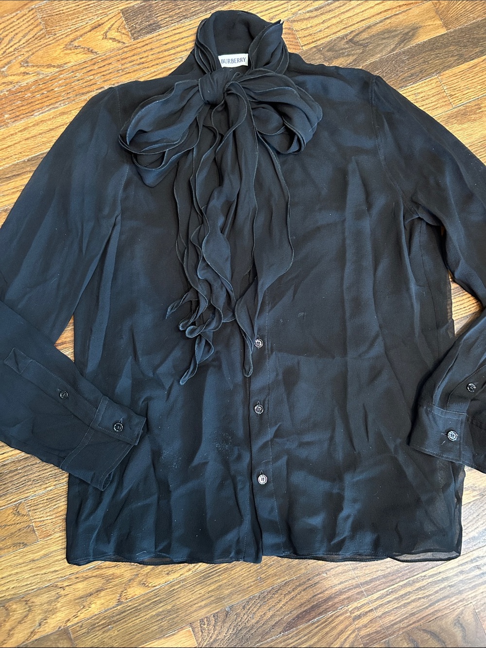 Burberry Black Sheer Silk Ruffle Tie-Neck Blouse,absolutely gorgeous !